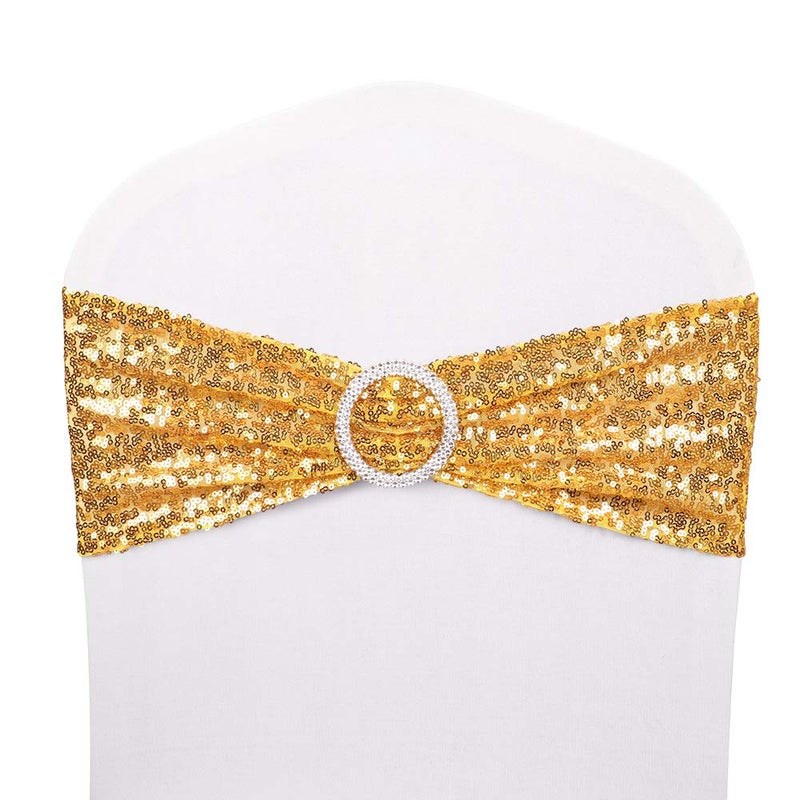 Desirable Life Pack of 50 Chair Sashes Sequin Stretchy Spandex Bands Decorative Bows One-Sided Sequins Decor for Romantic Wedding Party Home Chair Cover Sash Decorations - Gold - Image 1